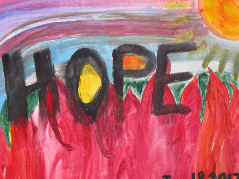 Painting of the word HOPE in bold dark letters over red flowers, with a bright sun rising — acrylic by participant V.E.