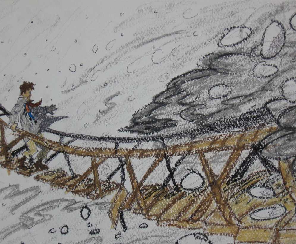Pastel drawing of a figure crossing a wooden rope bridge above water toward a rocky far side